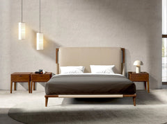 Louis Designer Double Bed — Walnut Veneer with Upholstered Headboard