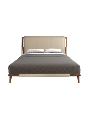 Louis Designer Double Bed — Walnut Veneer with Upholstered Headboard 