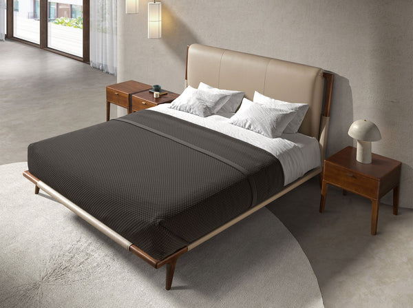 Louis Designer Double Bed — Walnut Veneer with Upholstered Headboard