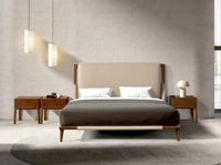 Louis Designer Double Bed — Walnut Veneer with Upholstered Headboard 