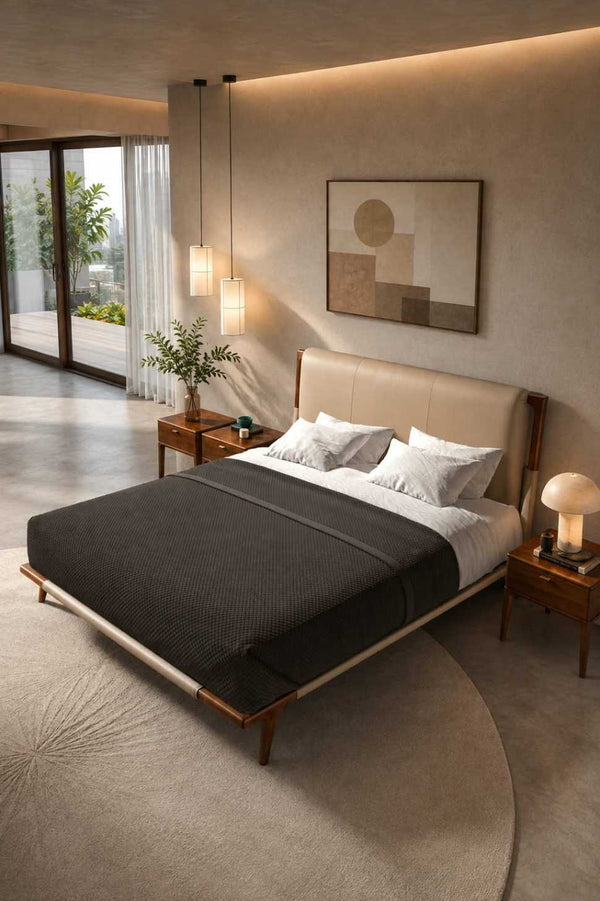 Louis Designer Double Bed - Walnut Veneer with Upholstered Headboard
